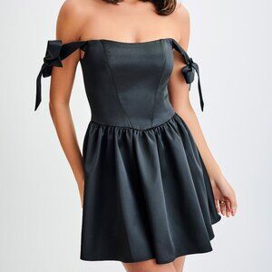 Rita Satin Mini Dress With Bow Sleeves - Black Size: L
